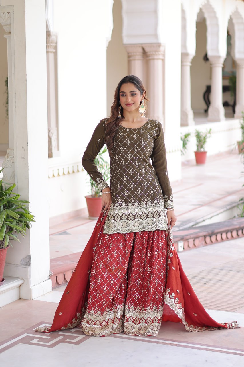 Two-Tone Vichitra Silk Top Sharara Set