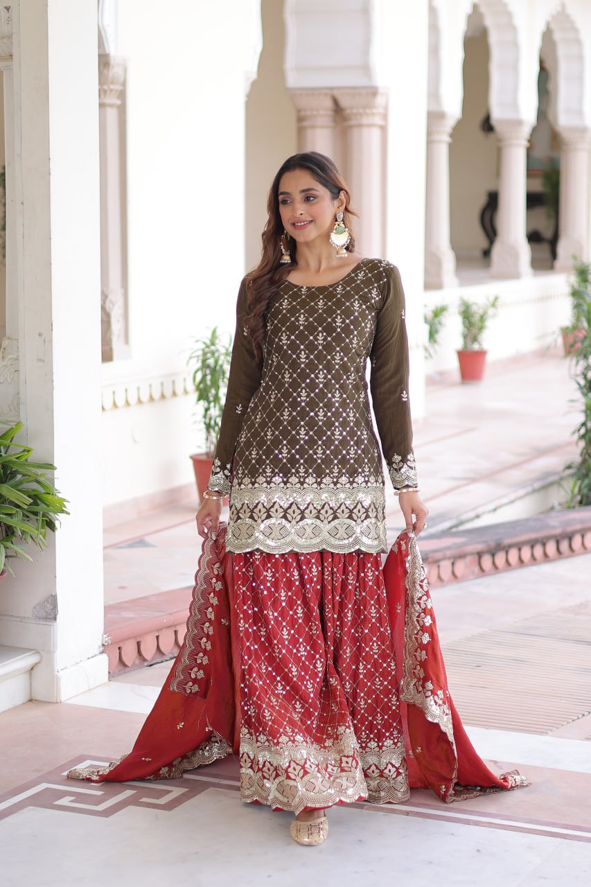 Two-Tone Vichitra Silk Top Sharara Set