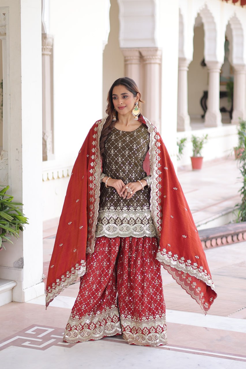 Two-Tone Vichitra Silk Top Sharara Set