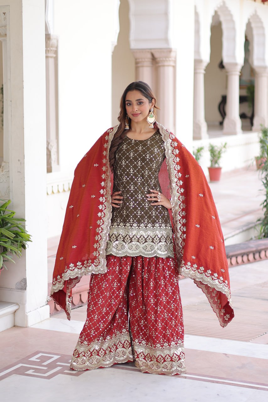 Two-Tone Vichitra Silk Top Sharara Set