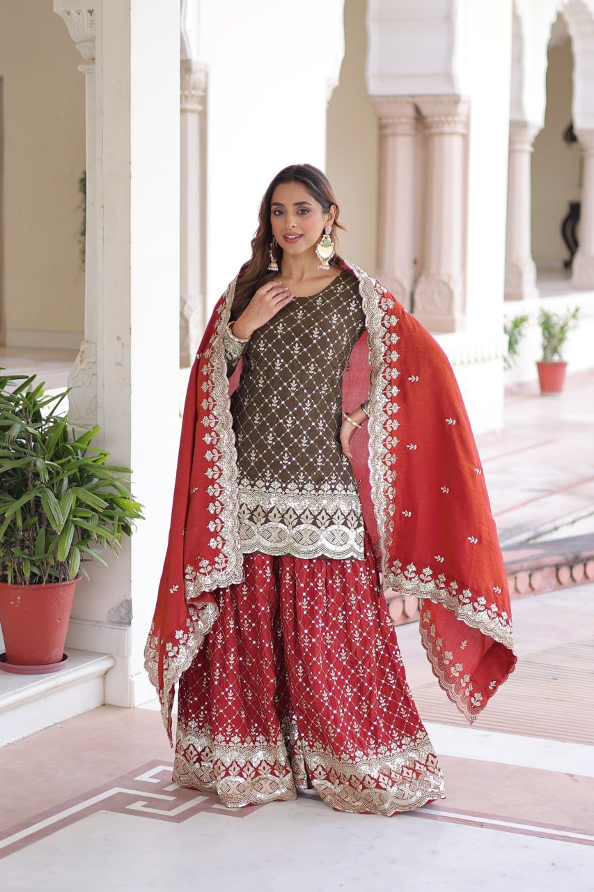 Two-Tone Vichitra Silk Top Sharara Set