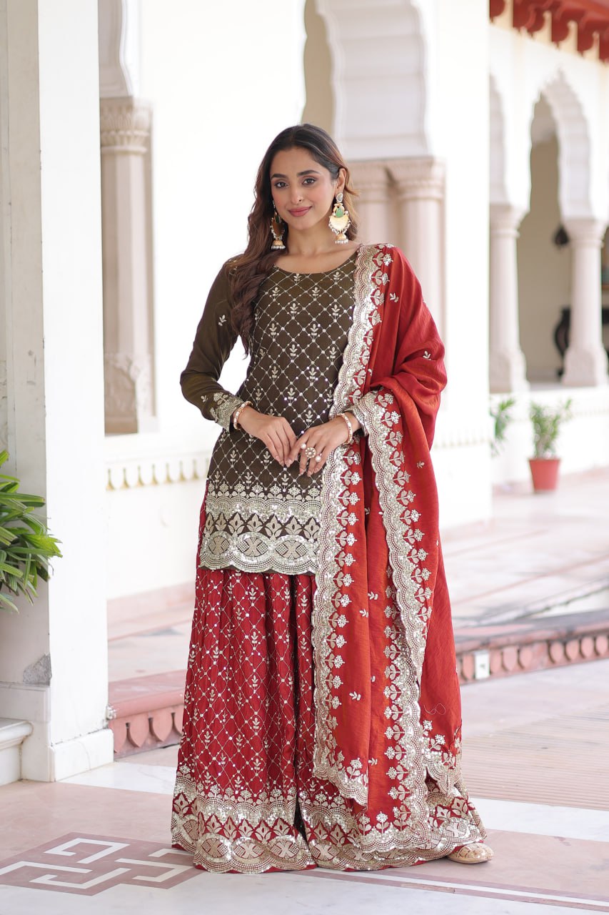 Two-Tone Vichitra Silk Top Sharara Set