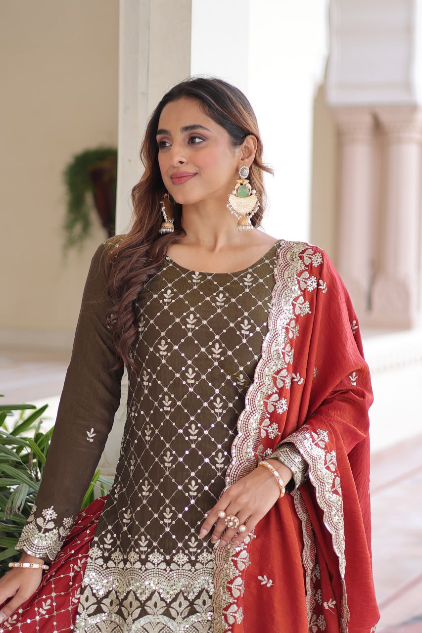 Two-Tone Vichitra Silk Top Sharara Set