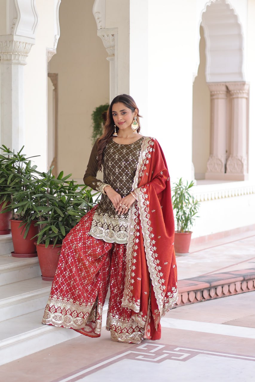 Two-Tone Vichitra Silk Top Sharara Set