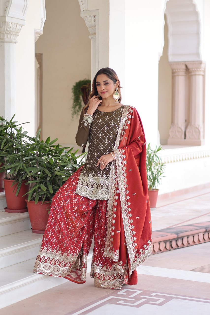Two-Tone Vichitra Silk Top Sharara Set