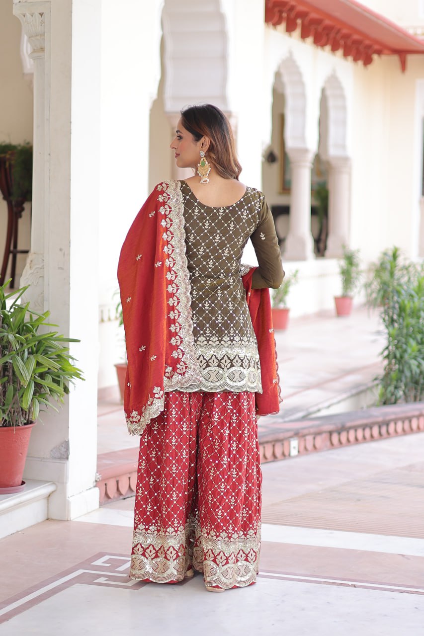 Two-Tone Vichitra Silk Top Sharara Set