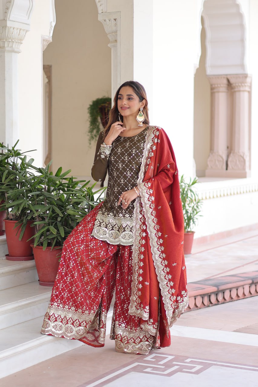 Two-Tone Vichitra Silk Top Sharara Set