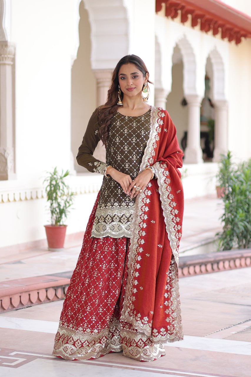 Two-Tone Vichitra Silk Top Sharara Set
