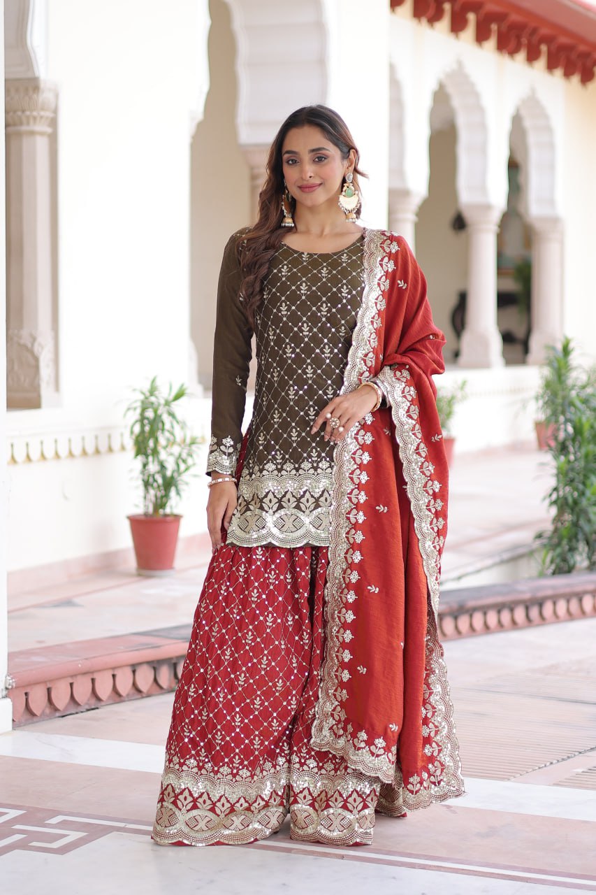 Two-Tone Vichitra Silk Top Sharara Set