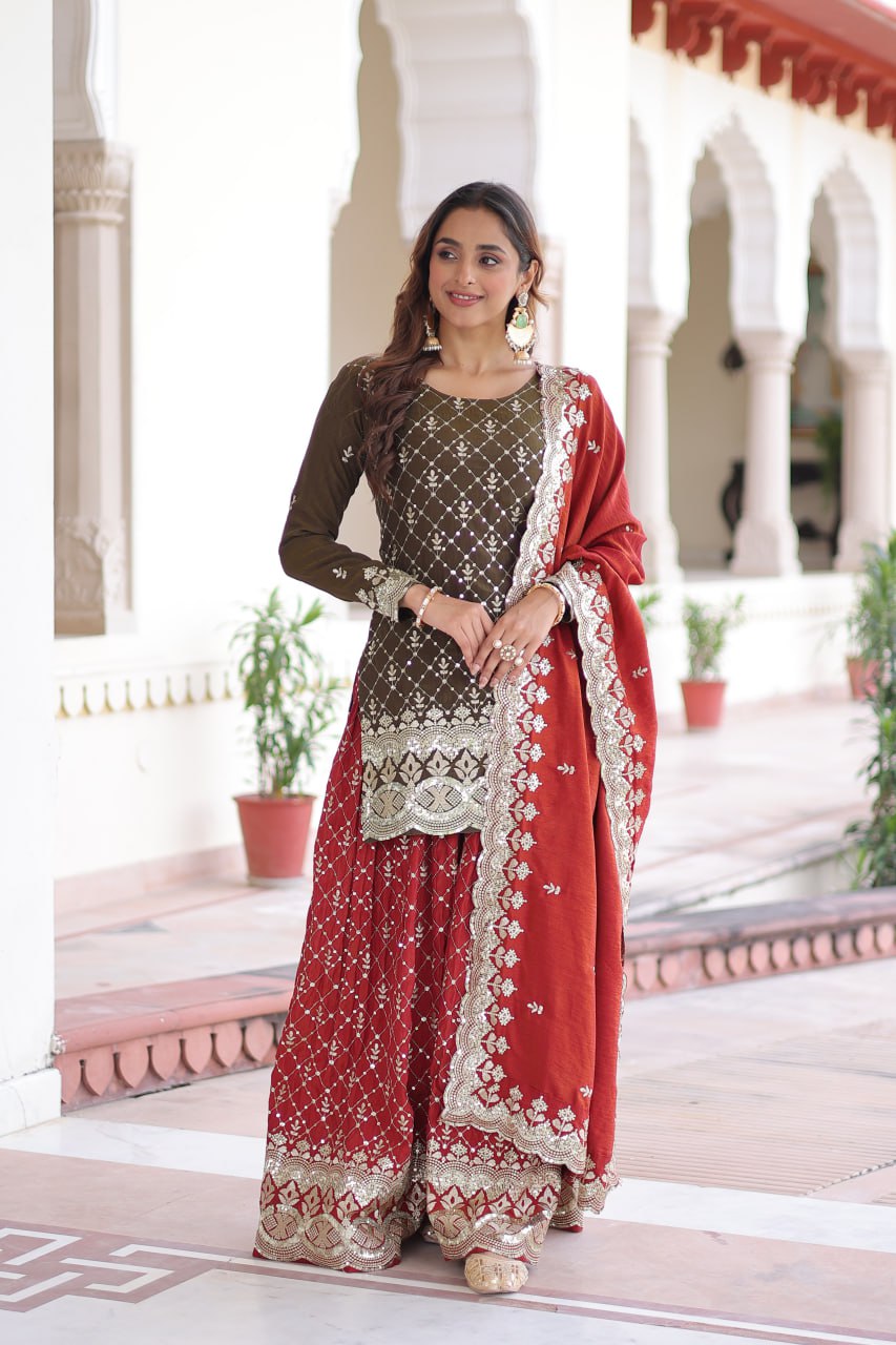 Two-Tone Vichitra Silk Top Sharara Set