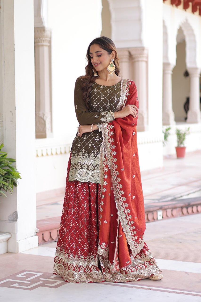 Two-Tone Vichitra Silk Top Sharara Set