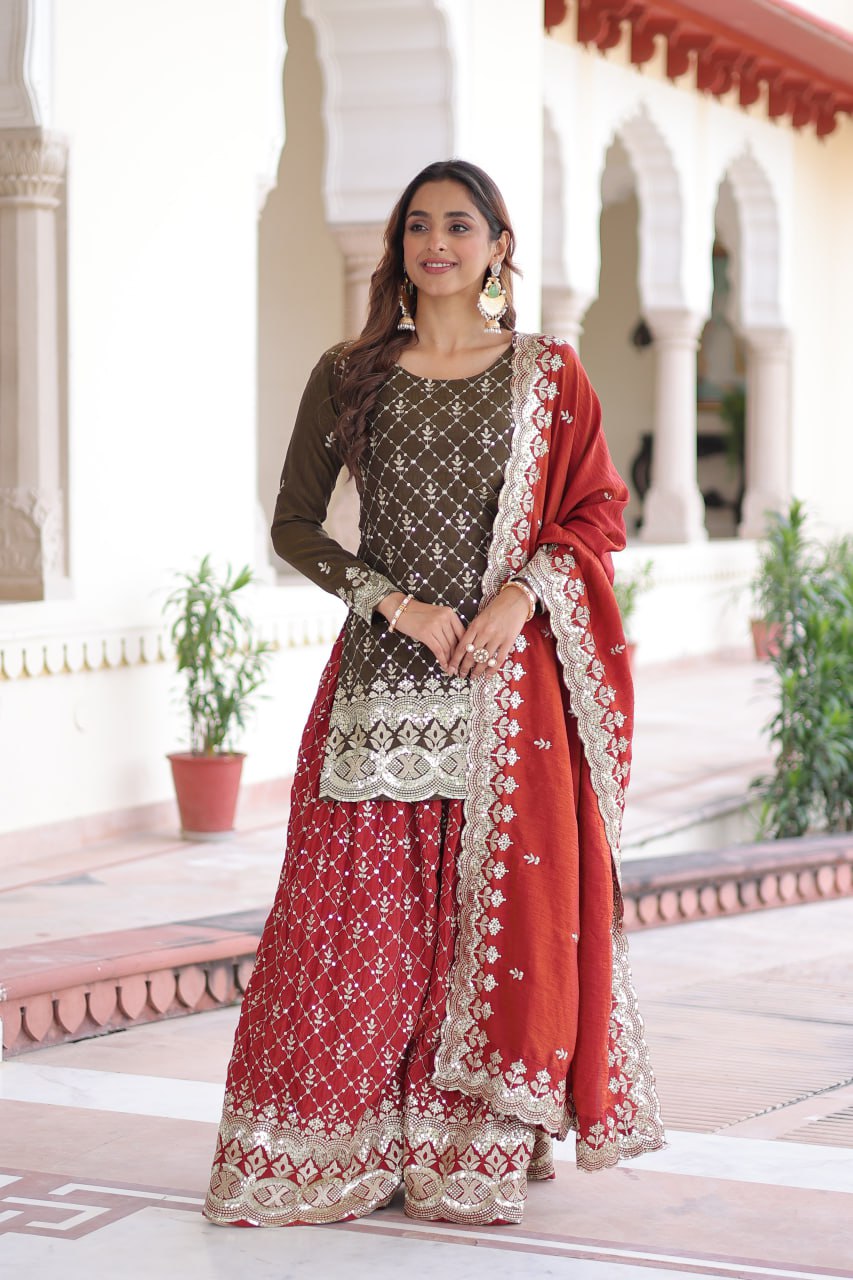 Two-Tone Vichitra Silk Top Sharara Set