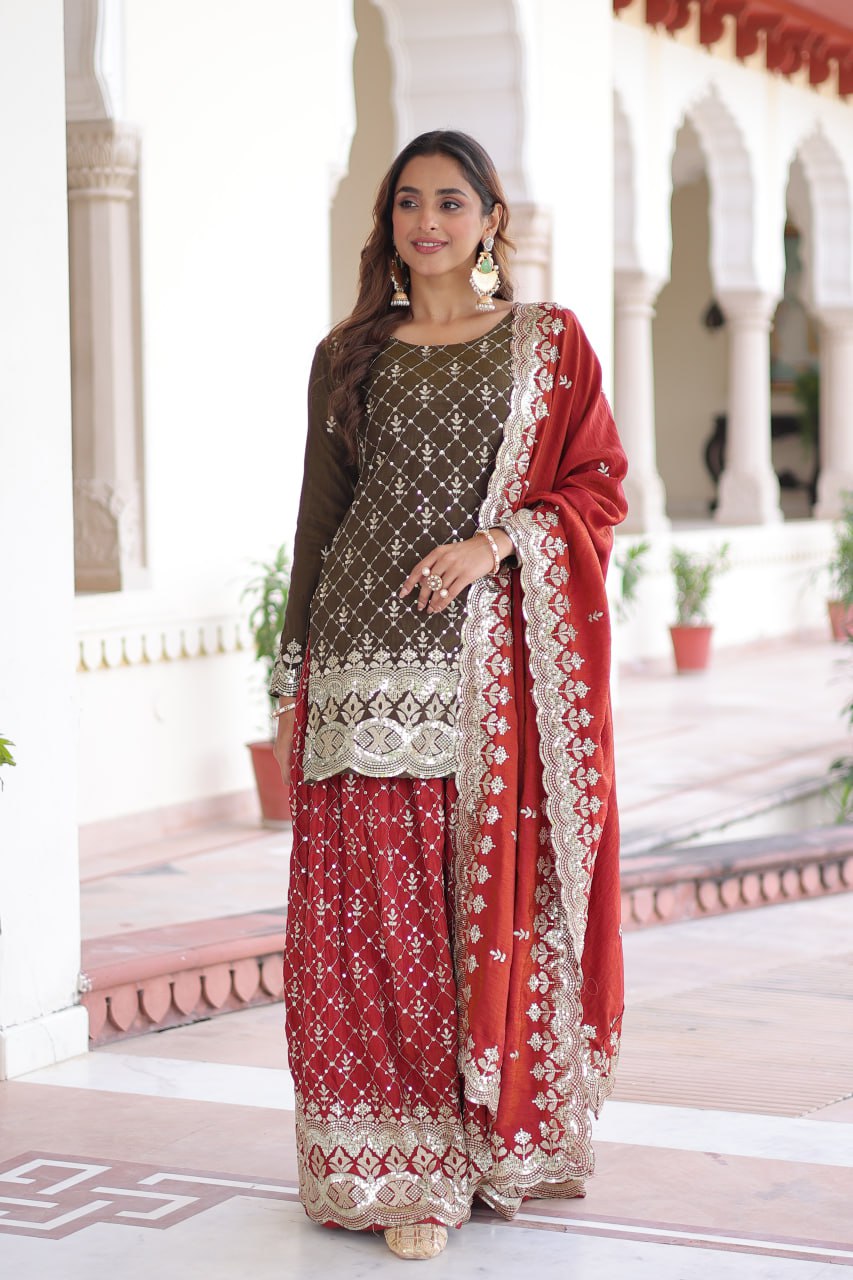 Two-Tone Vichitra Silk Top Sharara Set