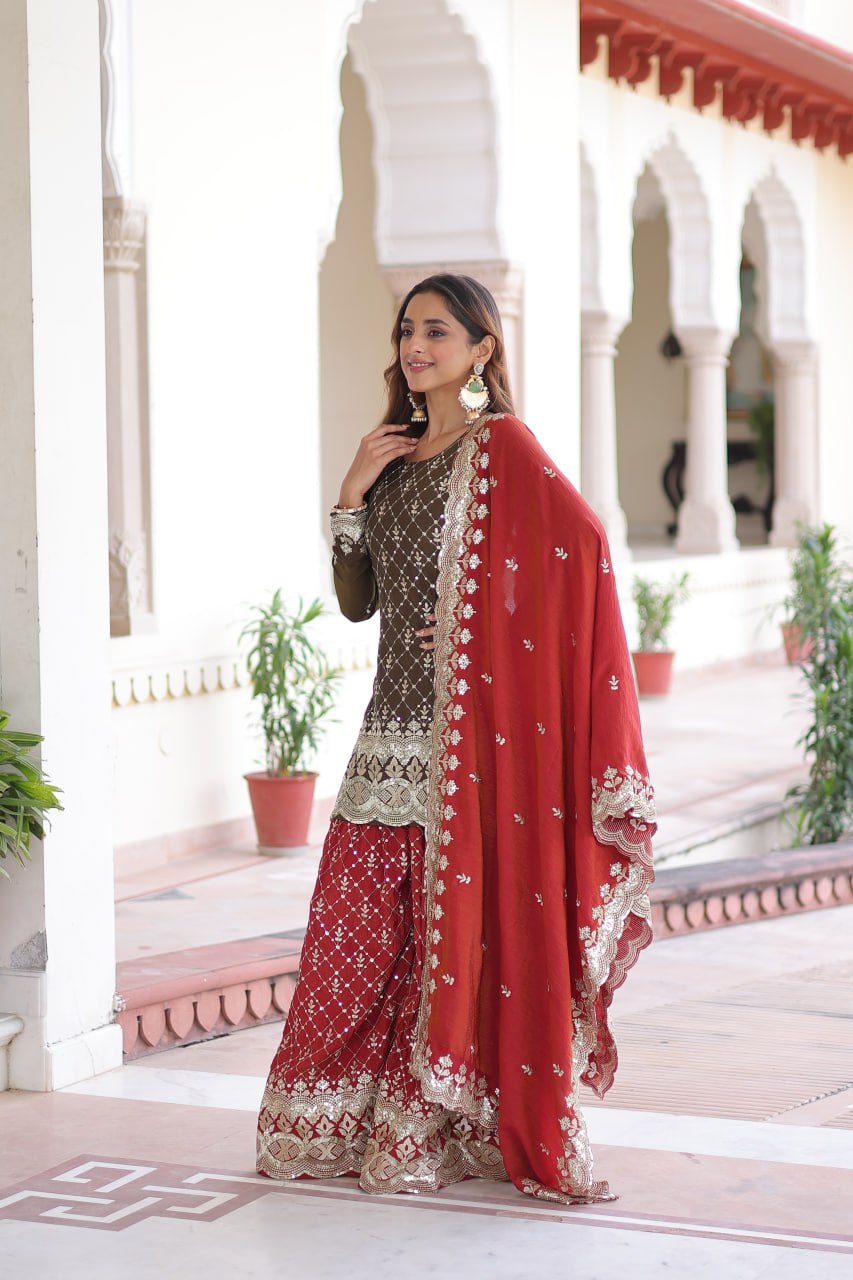 Two-Tone Vichitra Silk Top Sharara Set