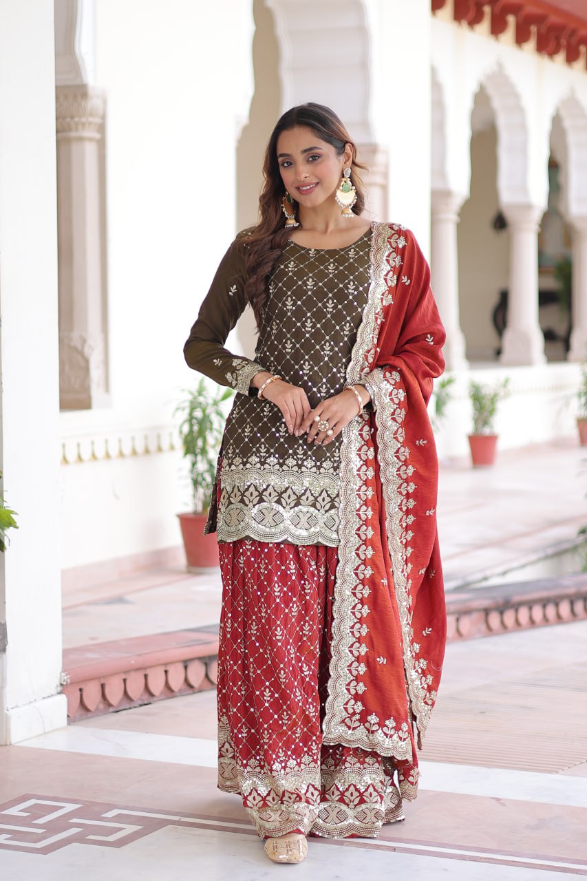 Two-Tone Vichitra Silk Top Sharara Set