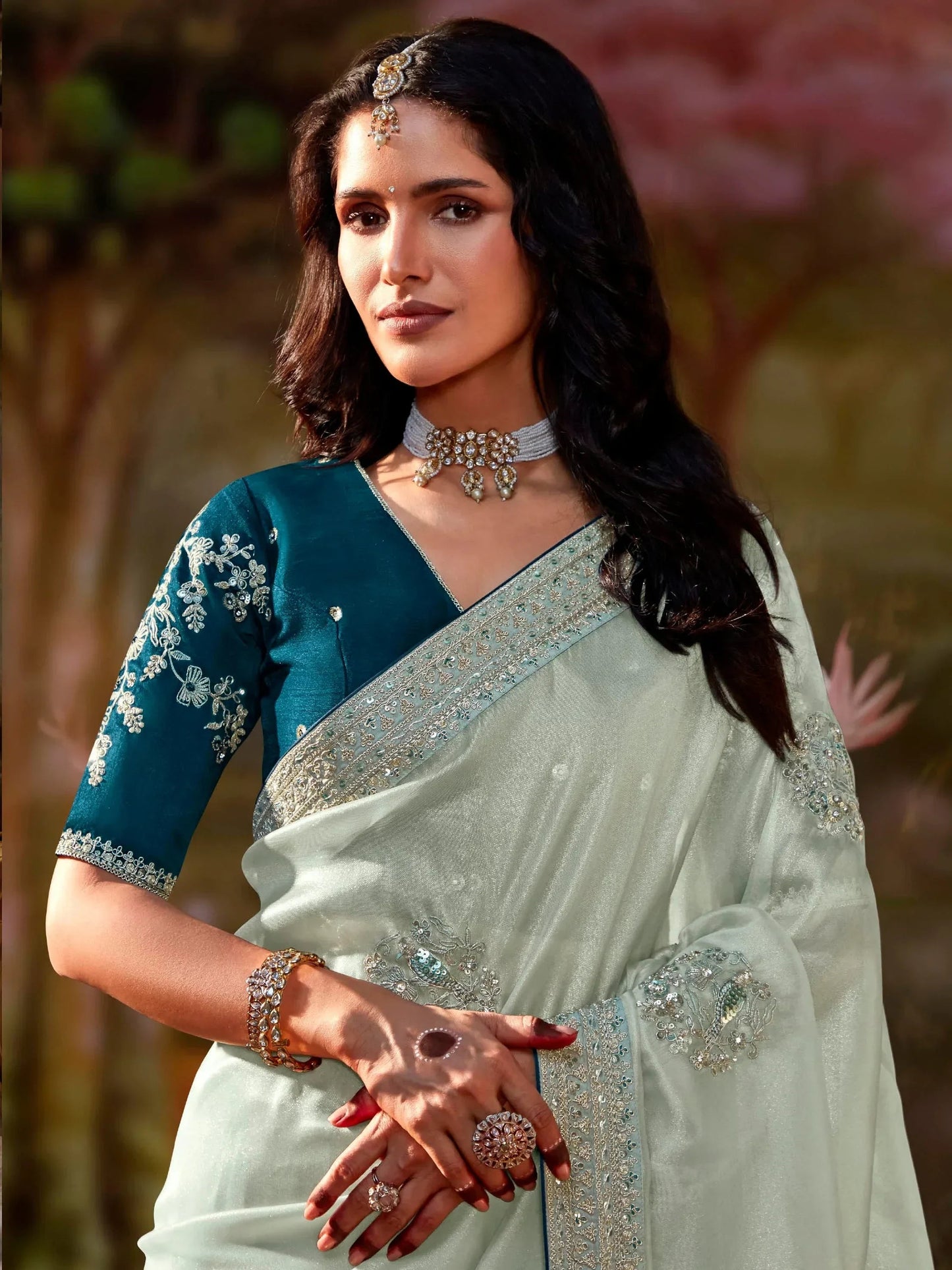 Unique Power Blue Sequins Organza Event Wear Saree With Blouse