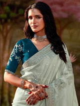 Unique Power Blue Sequins Organza Event Wear Saree With Blouse