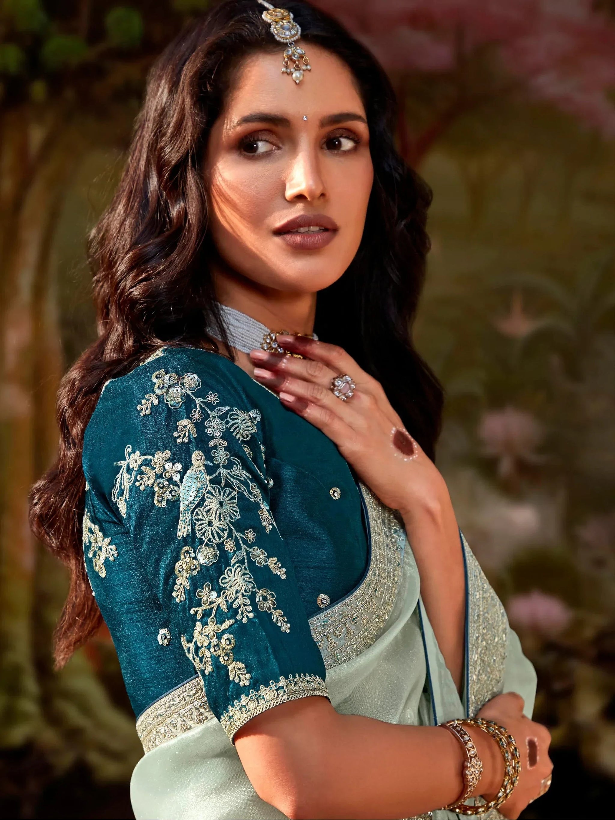 Unique Power Blue Sequins Organza Event Wear Saree With Blouse