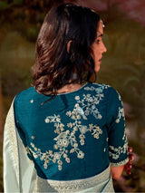Unique Power Blue Sequins Organza Event Wear Saree With Blouse
