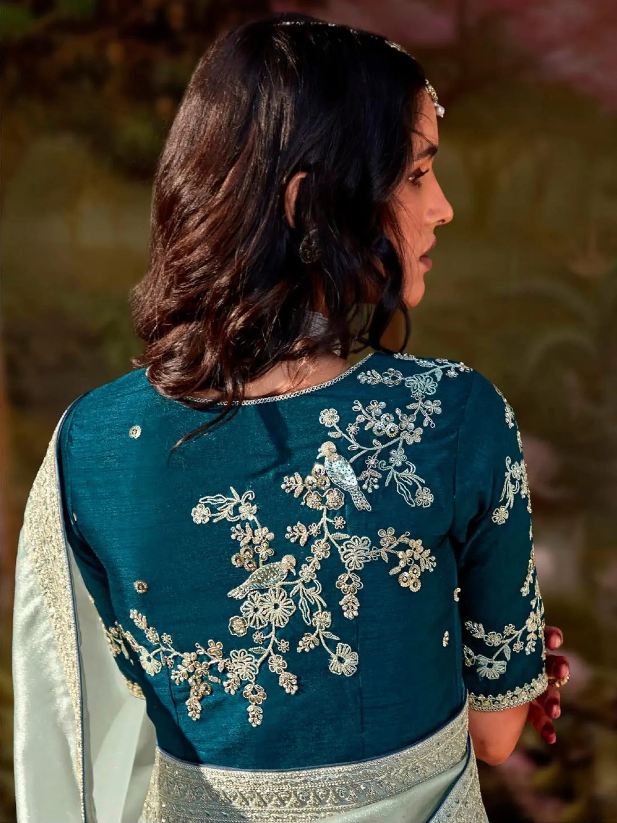 Unique Power Blue Sequins Organza Event Wear Saree With Blouse