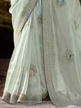 Unique Power Blue Sequins Organza Event Wear Saree With Blouse