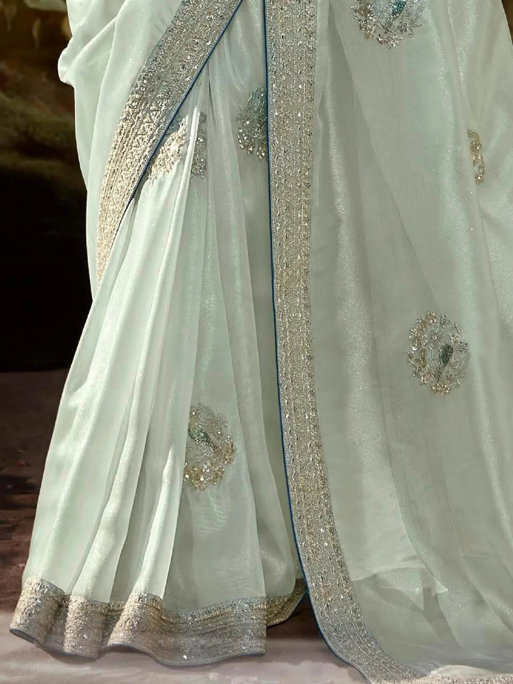 Unique Power Blue Sequins Organza Event Wear Saree With Blouse