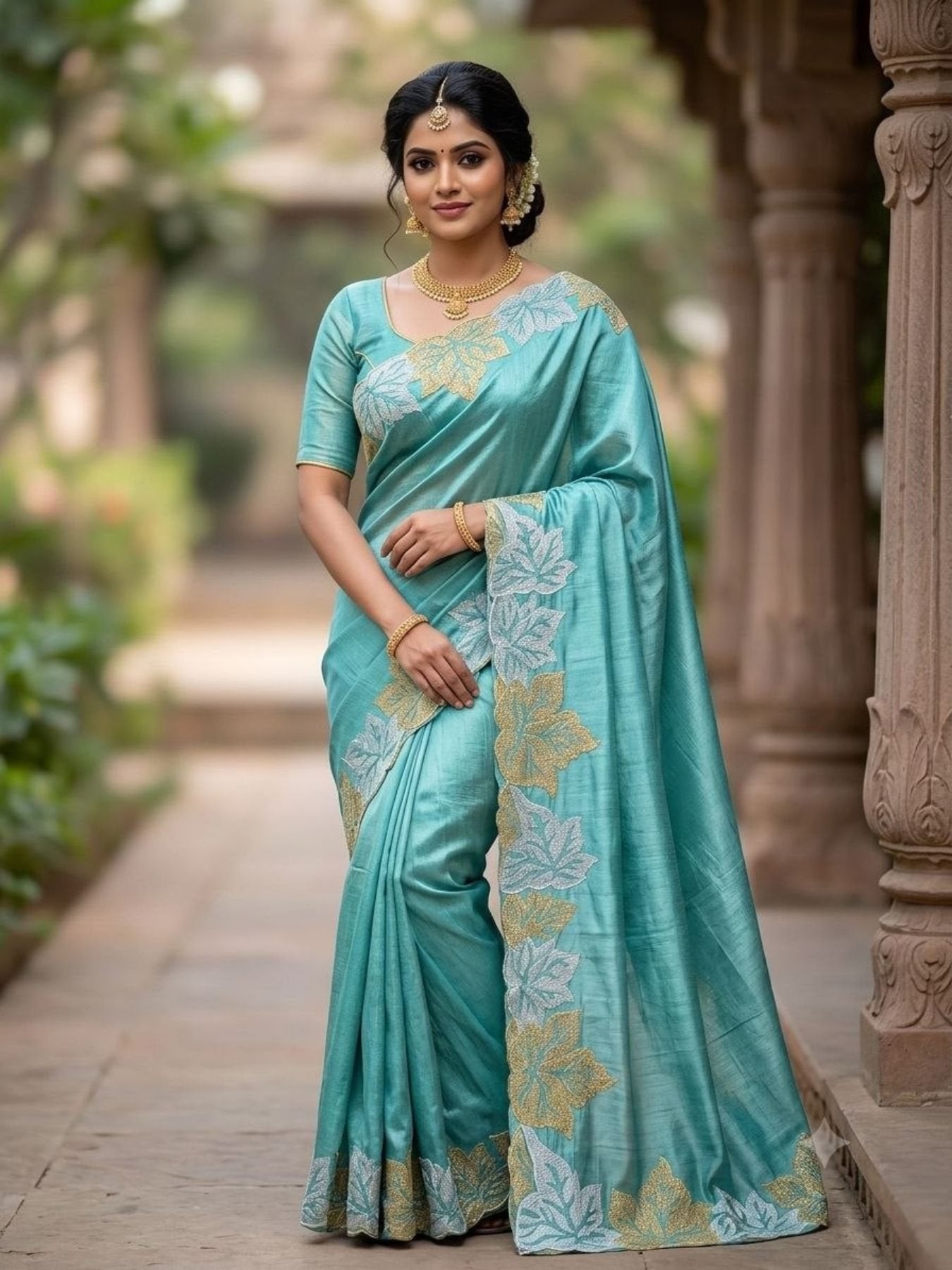 Sky Blue Blooming Vichitra Silk Saree with Gold And Silver Zari Work