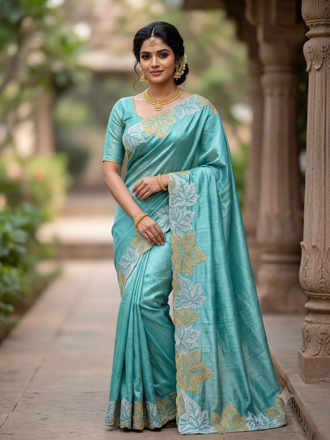 Sky Blue Blooming Vichitra Silk Saree with Gold And Silver Zari Work