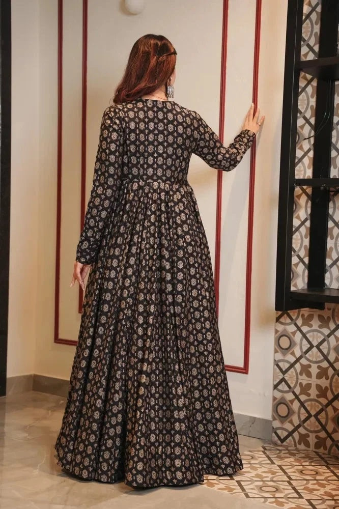 Luxe Digital Print Muslin Suit with Full Round Flair