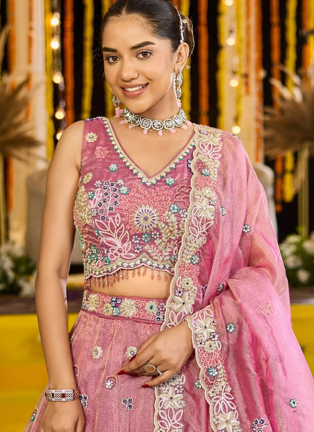Elegant pink satin silk sequins girlish bridal lehenga with dupatta