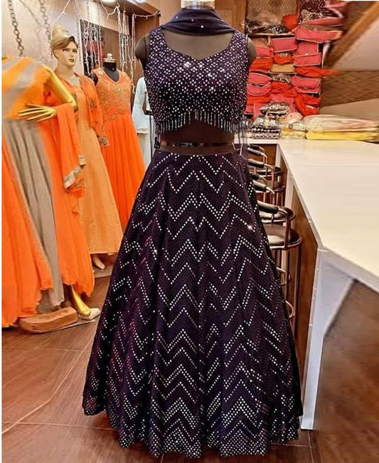 Dark Wine Georgette Lehenga Choli with Heavy Embroidery thread and Sequence work