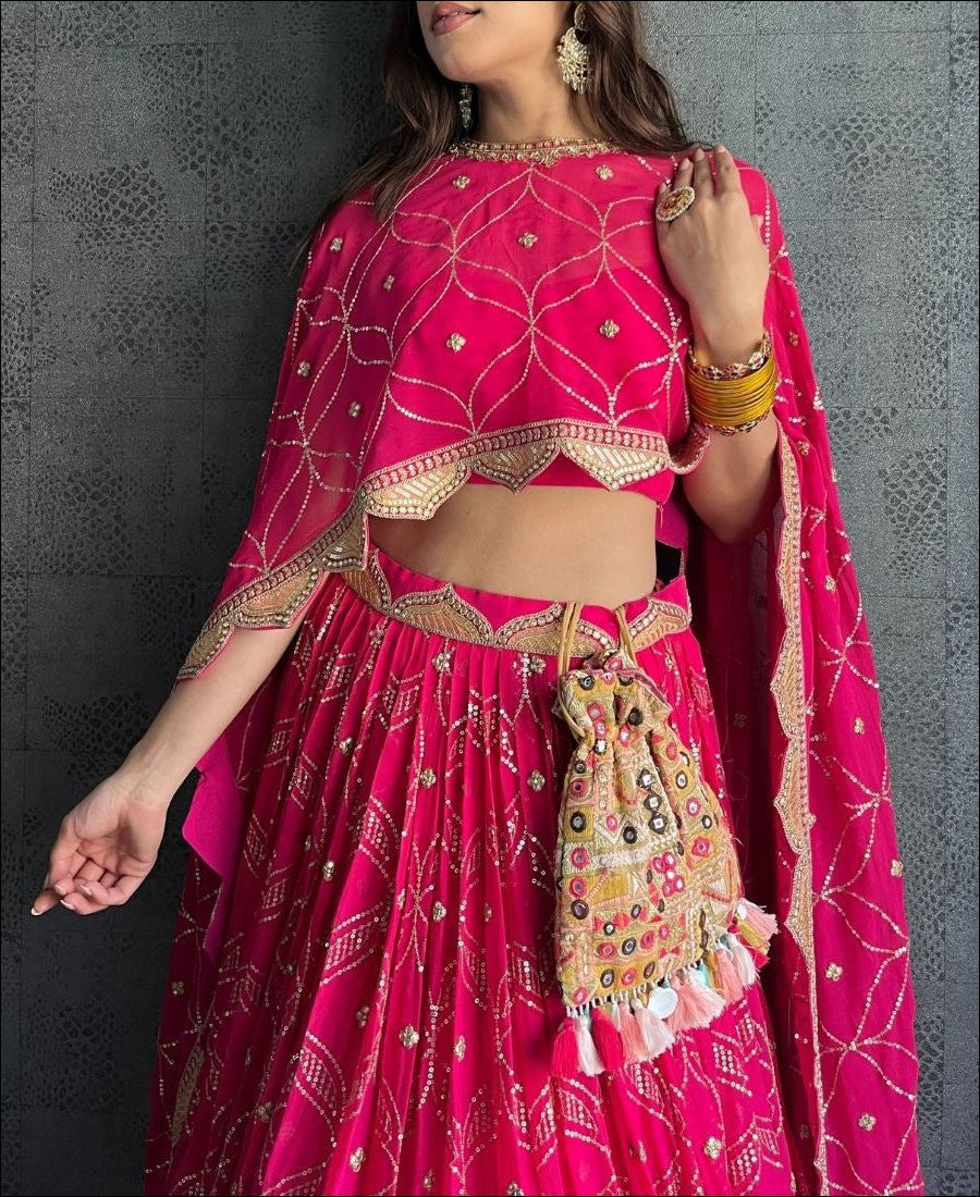 Dark Pink Georgette Lehenga Choli with Coding and Sequence work