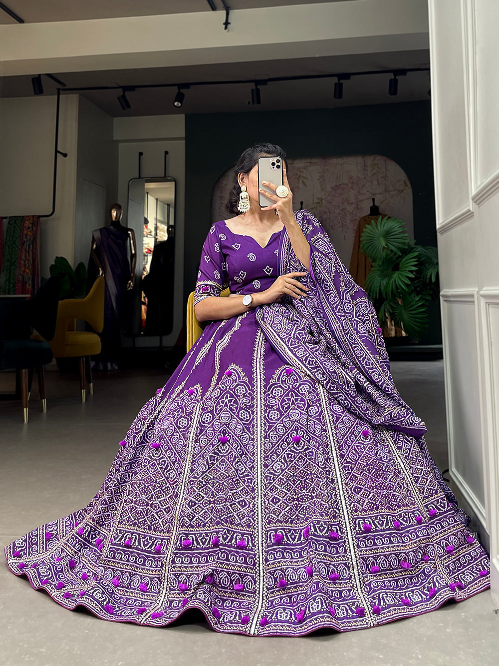 Purple Color Bandhej  Printed With Gota Patti Vaishali Silk Lehenga Choli