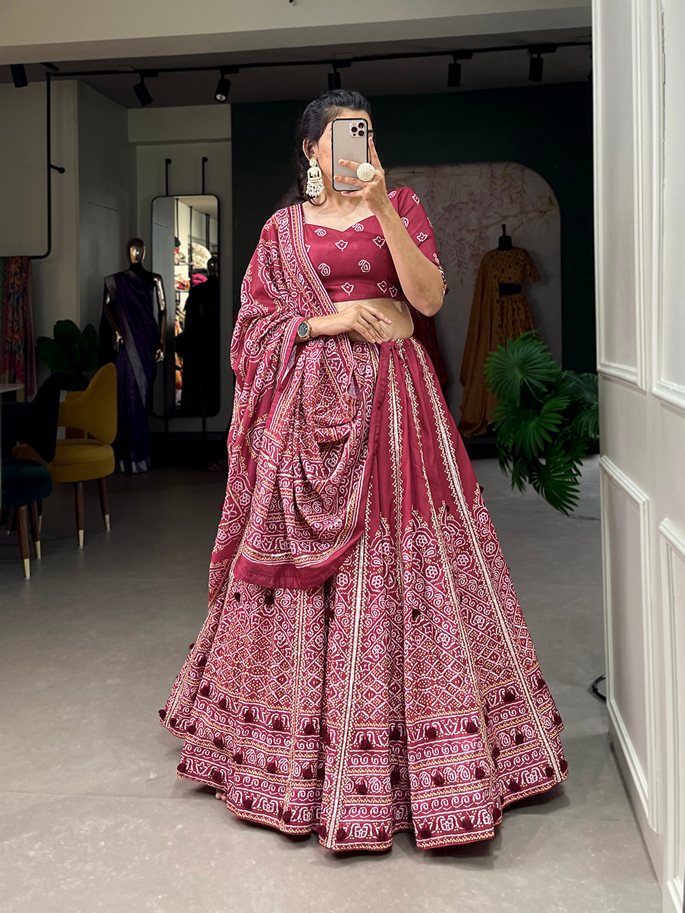 Maroon Color Bandhej Printed With Gota Patti Vaishali Silk Lehenga Choli