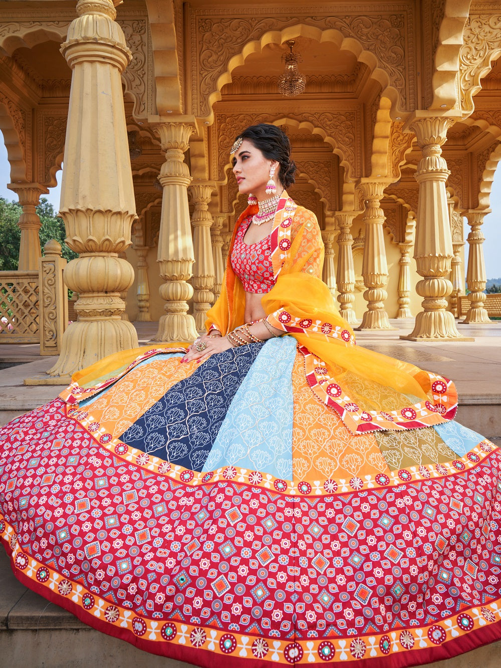 Multi Color Printed & Real Mirror With Gota Pati Work Vaishali Silk Lehenga
