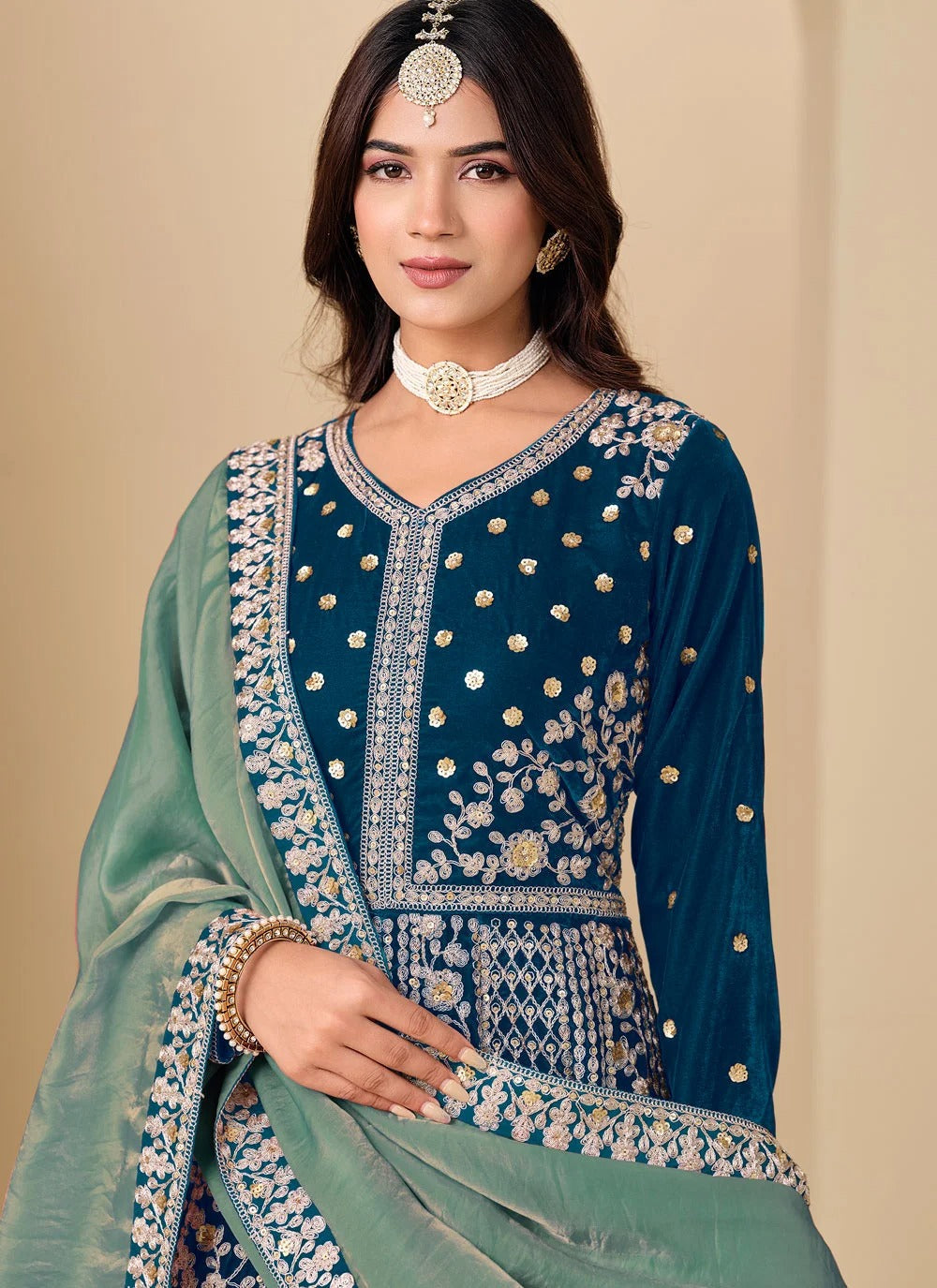 Teal velvet abaya style anarkali suit with embroidery work silk dupatta