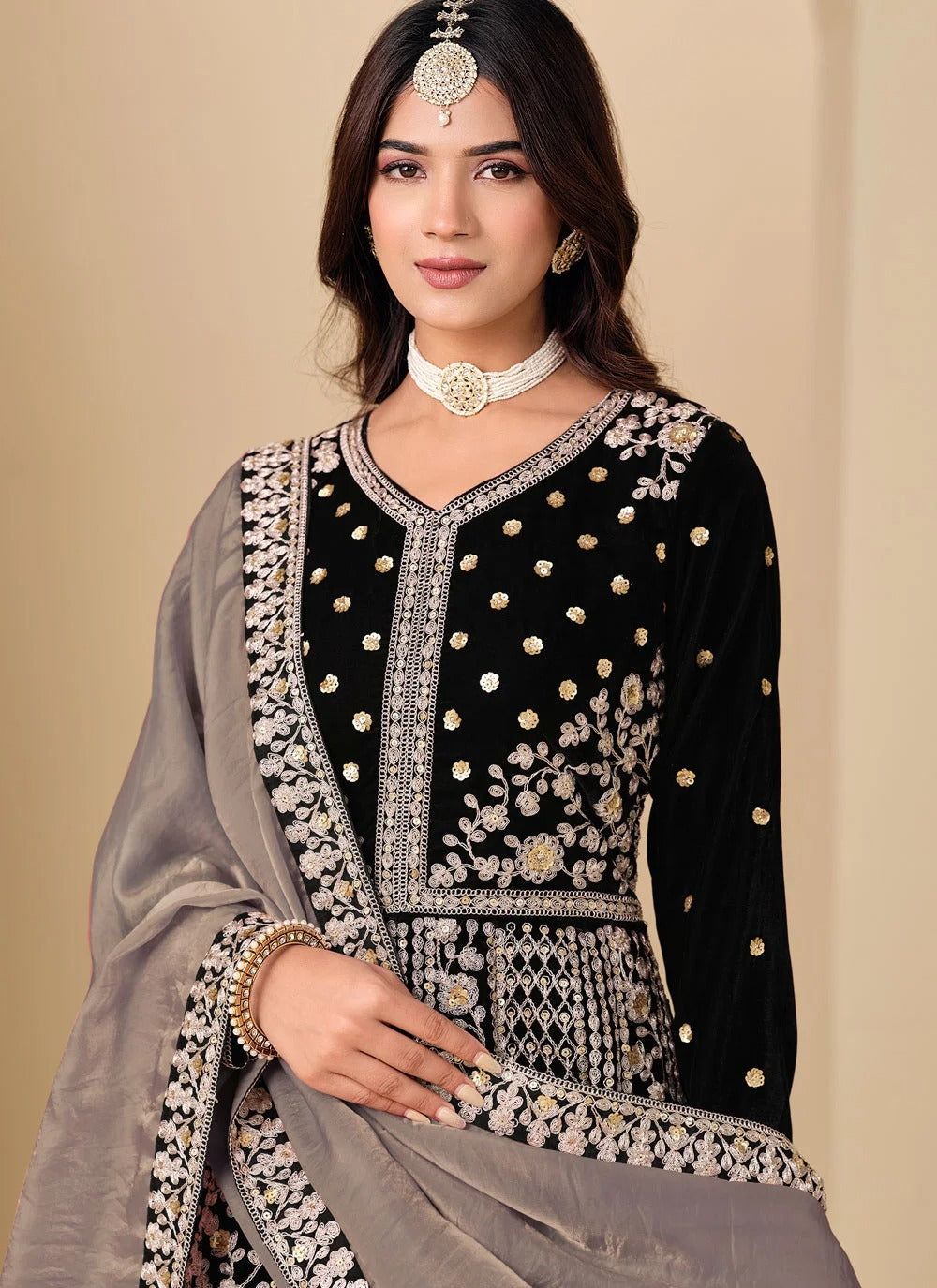 Black velvet abaya style anarkali suit with embroidery work silk dupatta