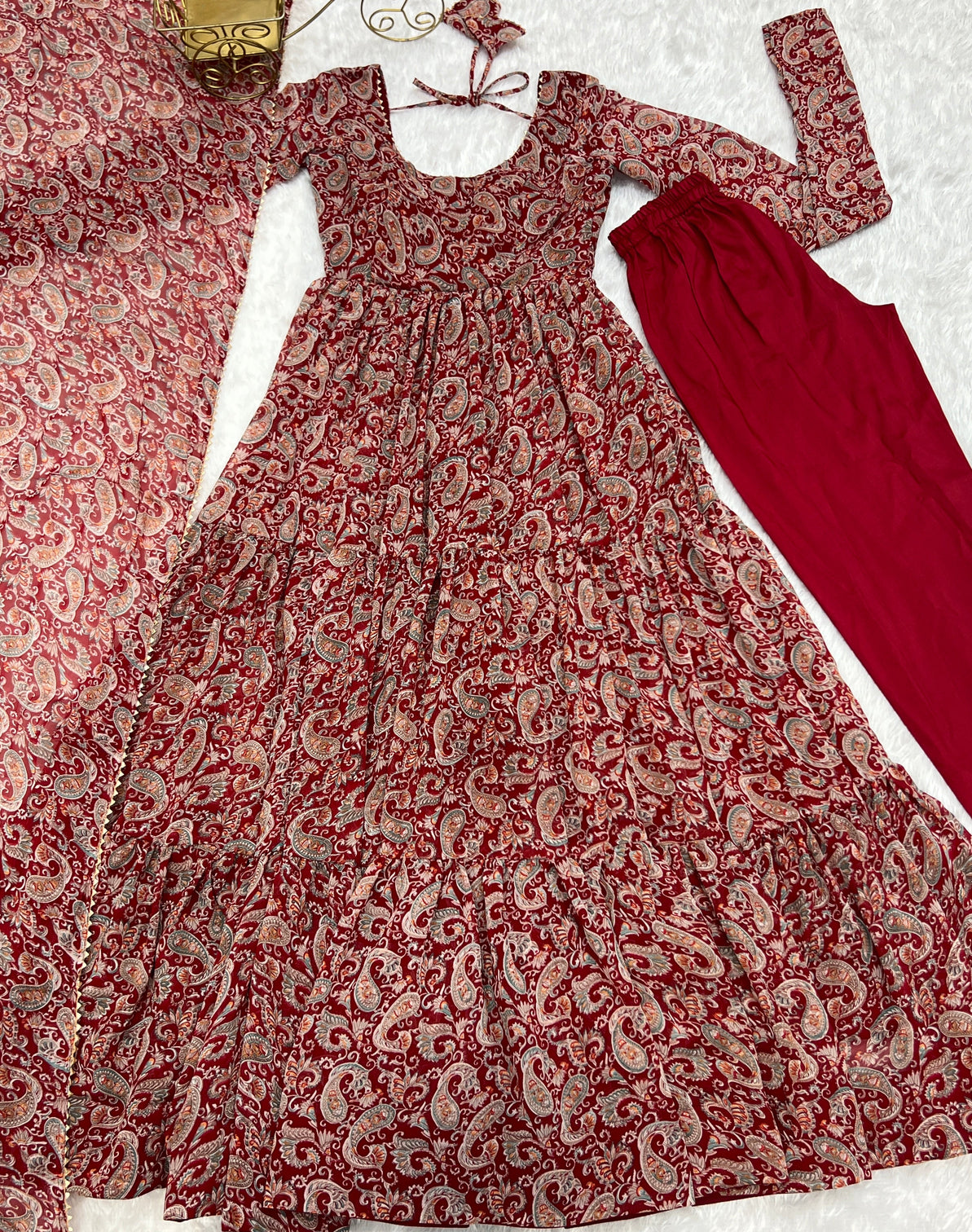 Venetian Red Dazzling Fox Georgette Kalamkari Anarkali Set for Festivities & Weddings