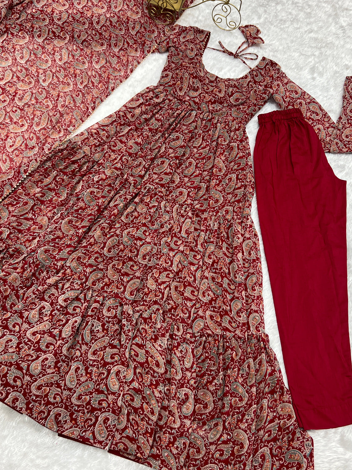 Venetian Red Dazzling Fox Georgette Kalamkari Anarkali Set for Festivities & Weddings