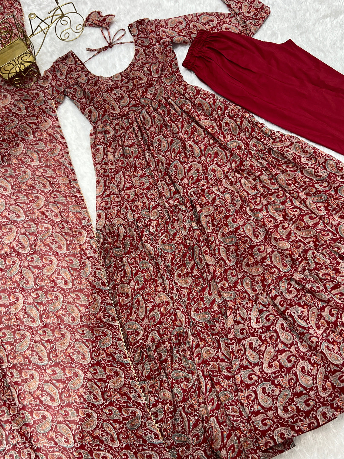 Venetian Red Dazzling Fox Georgette Kalamkari Anarkali Set for Festivities & Weddings