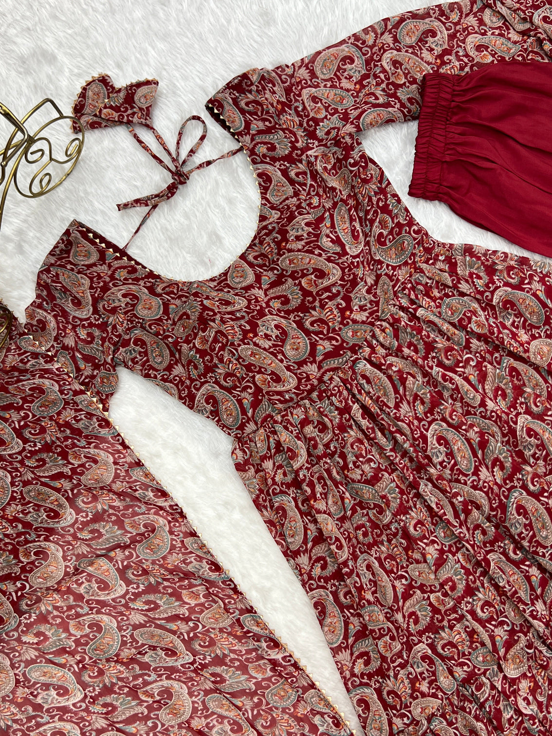 Venetian Red Dazzling Fox Georgette Kalamkari Anarkali Set for Festivities & Weddings