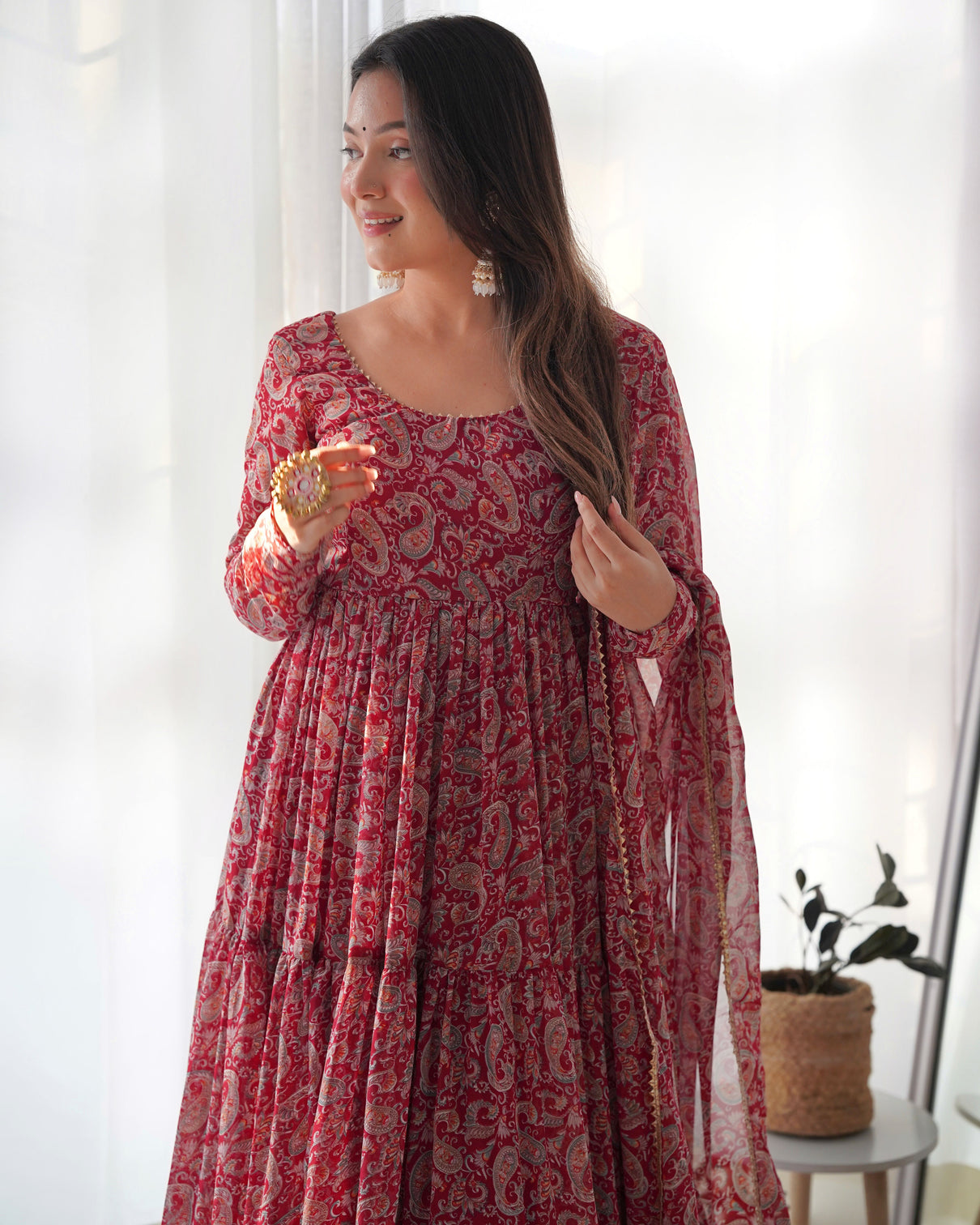 Venetian Red Dazzling Fox Georgette Kalamkari Anarkali Set for Festivities & Weddings