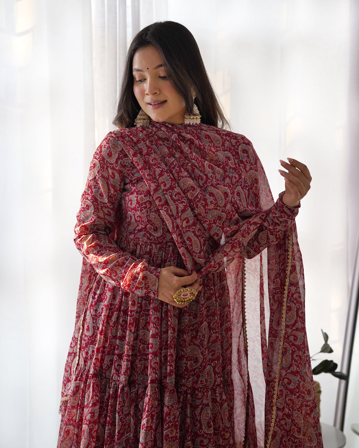 Venetian Red Dazzling Fox Georgette Kalamkari Anarkali Set for Festivities & Weddings