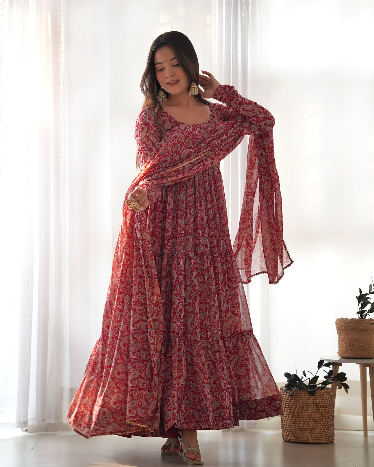 Venetian Red Dazzling Fox Georgette Kalamkari Anarkali Set for Festivities & Weddings