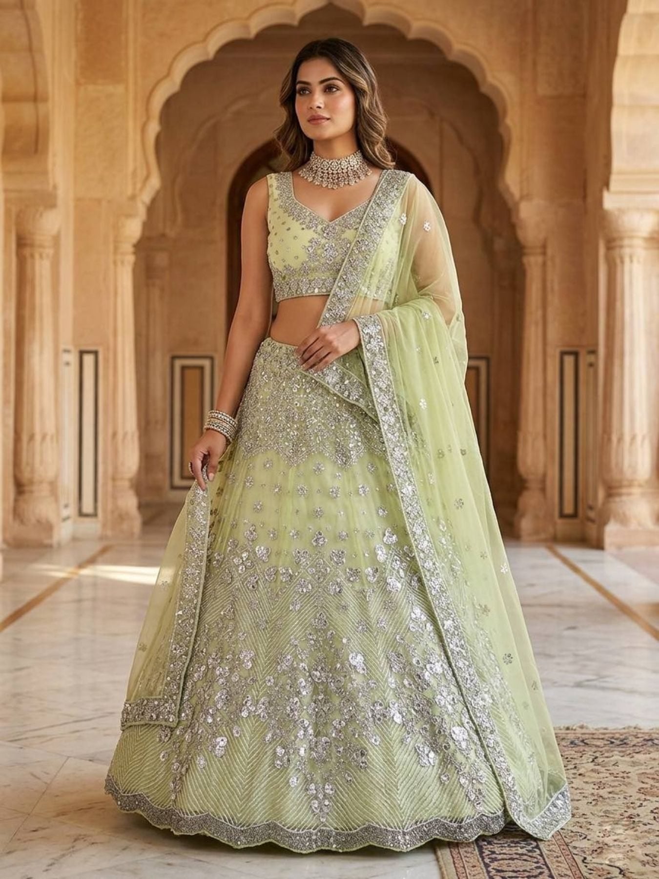 Lehenga Set with Intricate Mirror and Floral Embroidery