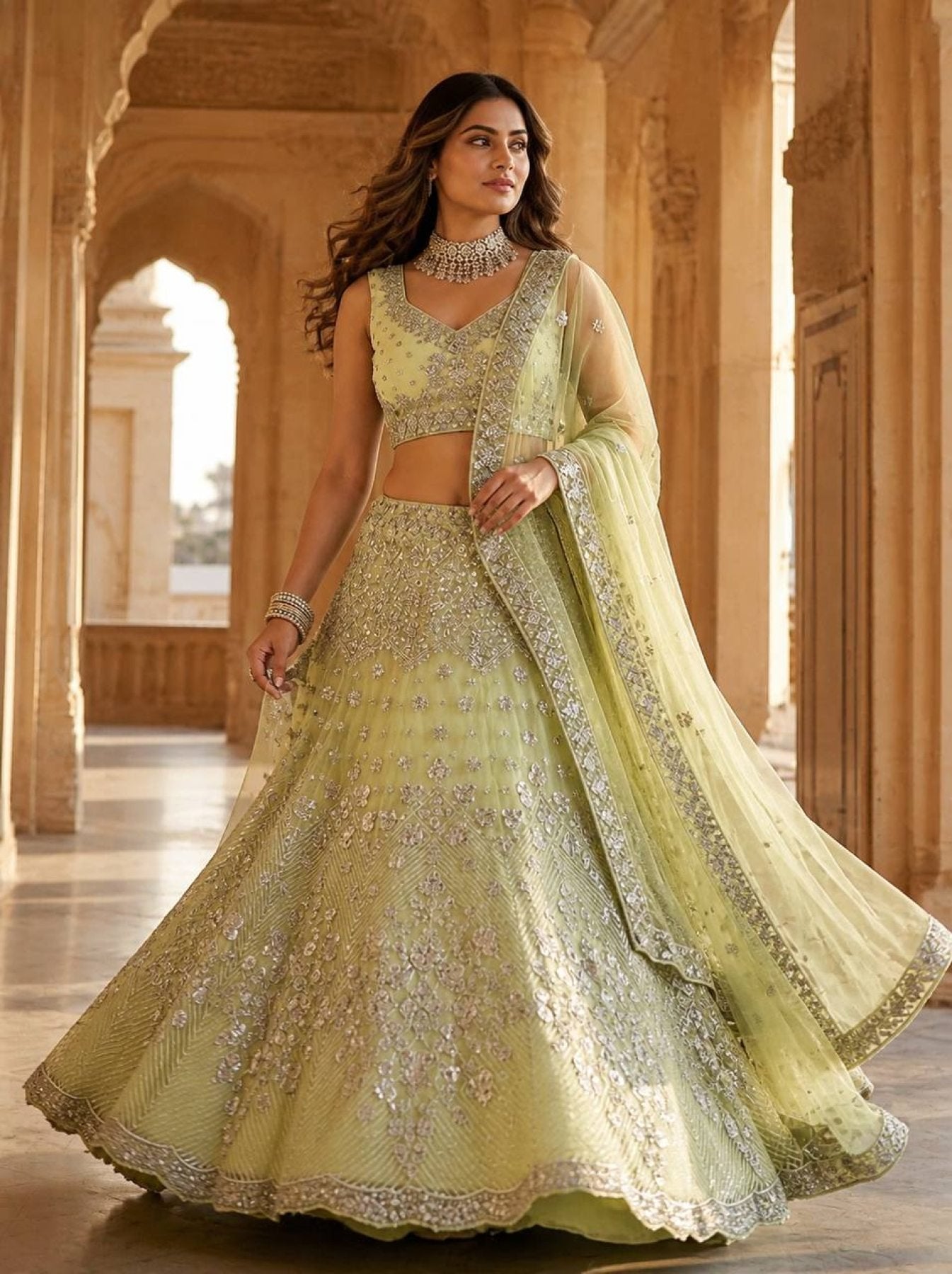 Lehenga Set with Intricate Mirror and Floral Embroidery