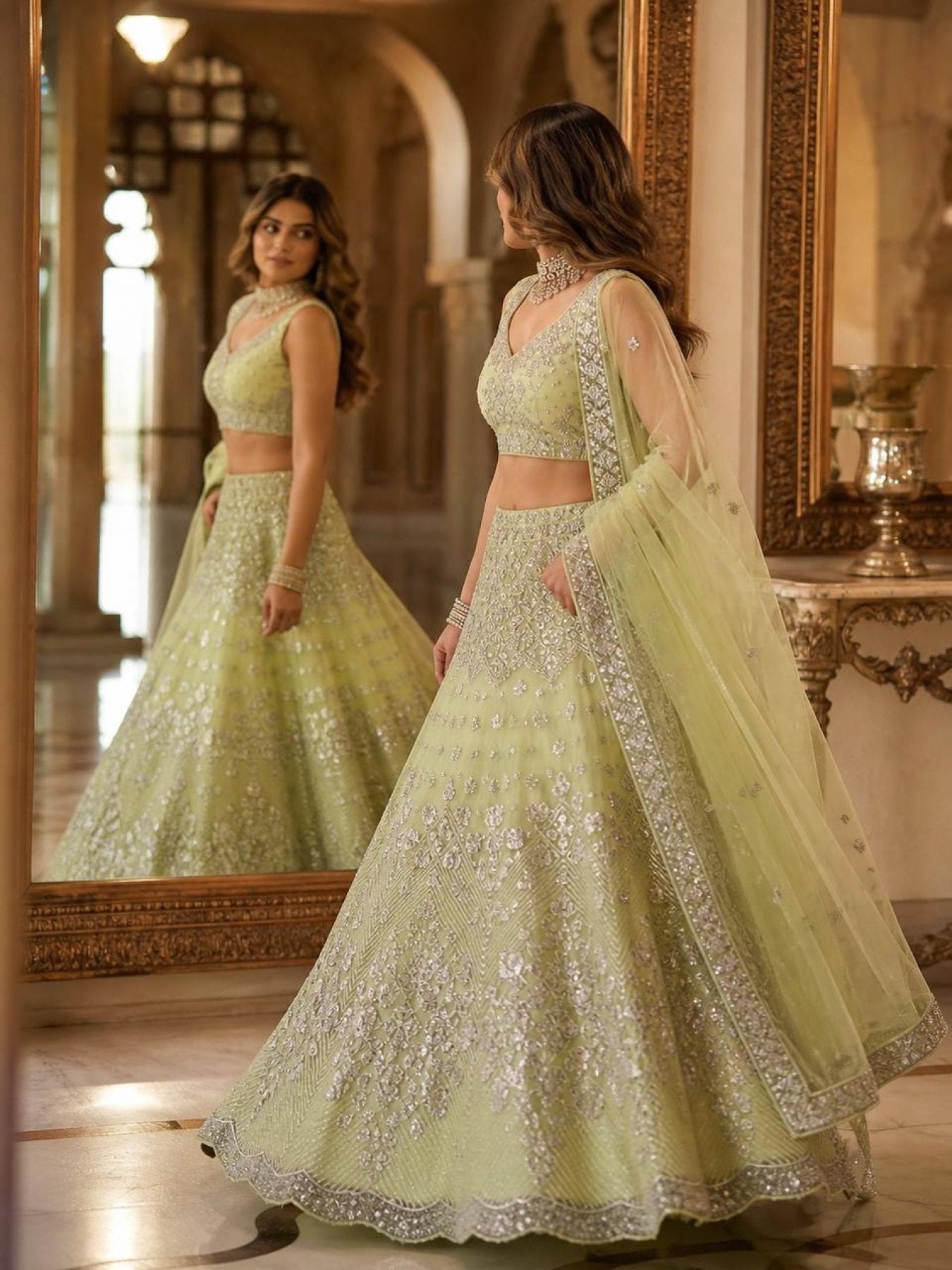 Lehenga Set with Intricate Mirror and Floral Embroidery