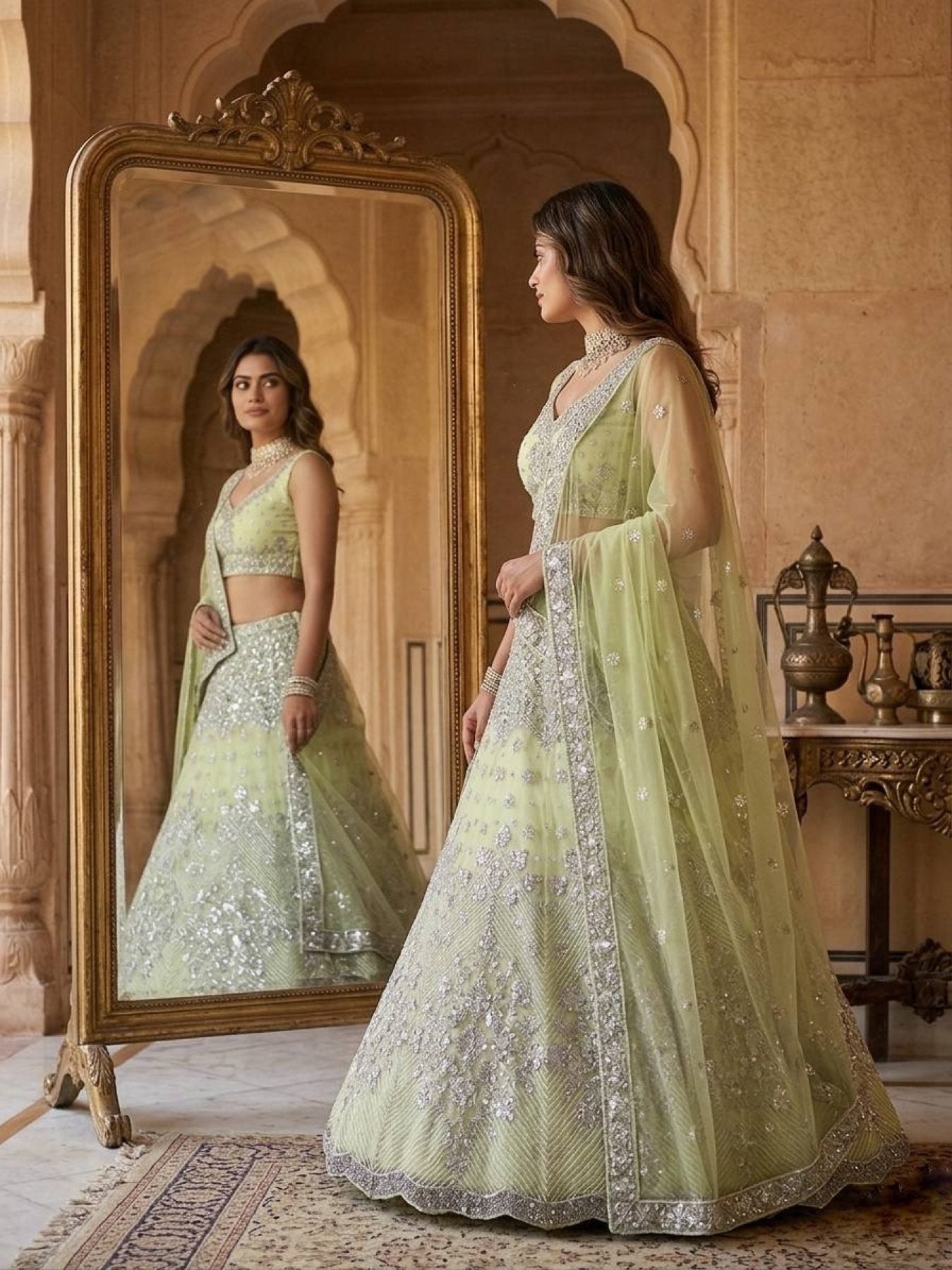 Lehenga Set with Intricate Mirror and Floral Embroidery