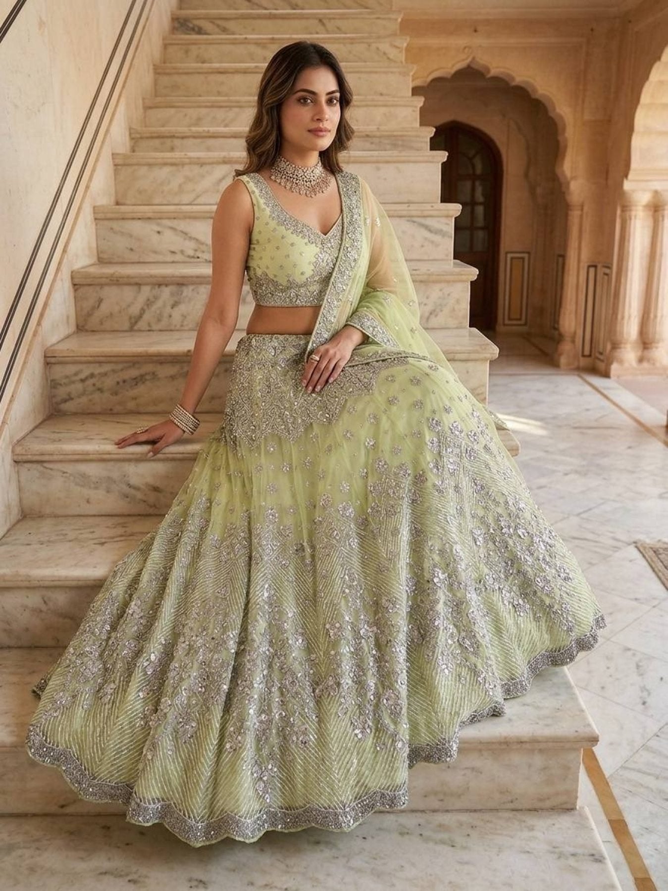 Lehenga Set with Intricate Mirror and Floral Embroidery