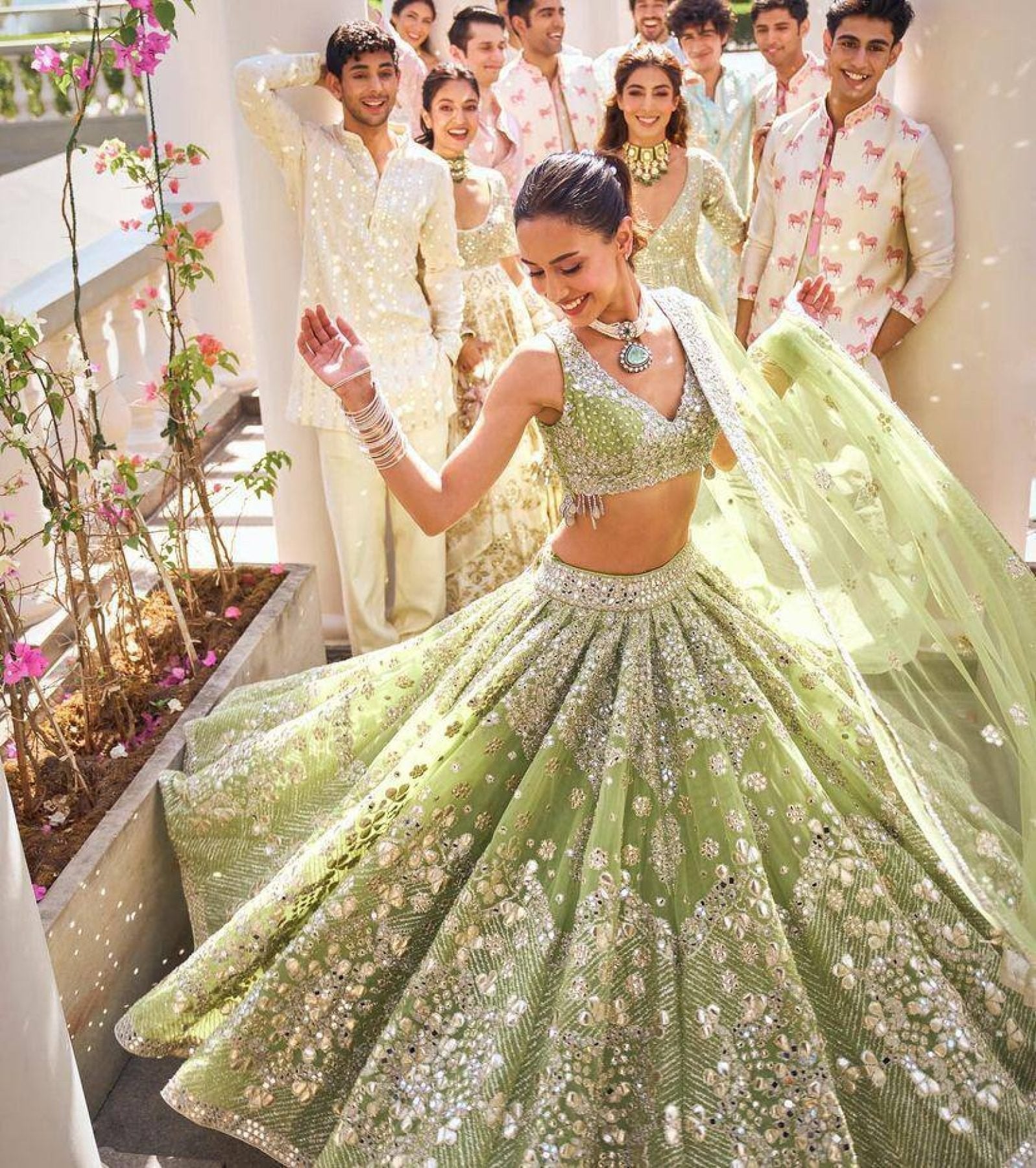 Lehenga Set with Intricate Mirror and Floral Embroidery